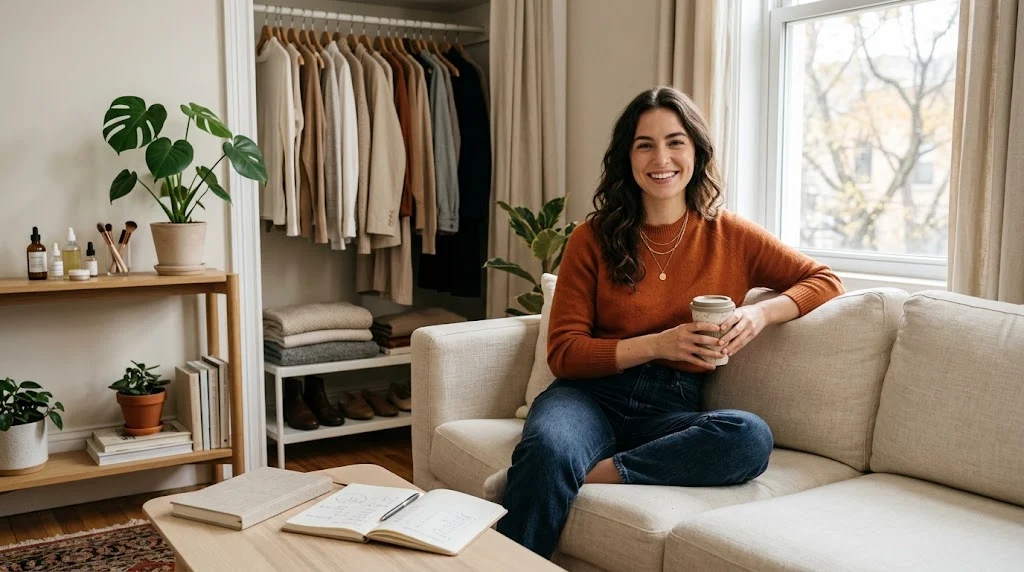 Stylish woman enjoying an affordable lifestyle while managing a budget