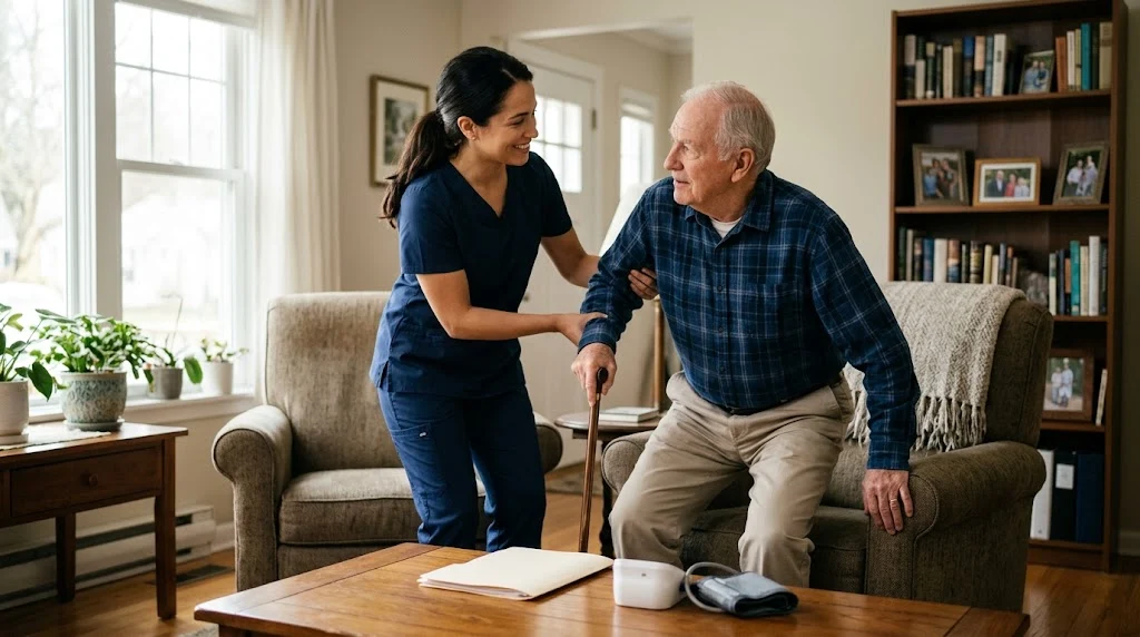 Professional caregiver providing compassionate in-home support to an older adult