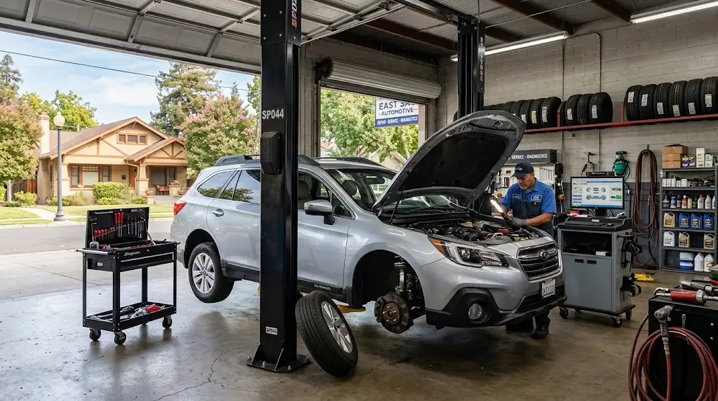 Mechanic inspecting a vehicle inside an independent Sacramento auto repair shop