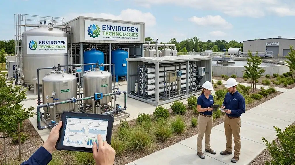 Engineers reviewing sustainable industrial water treatment technology at a modern facility