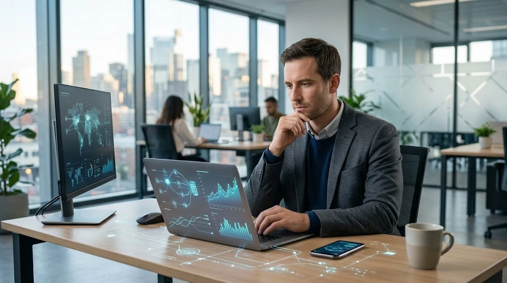Financial professional analyzing fintech, artificial intelligence, and digital payment technology