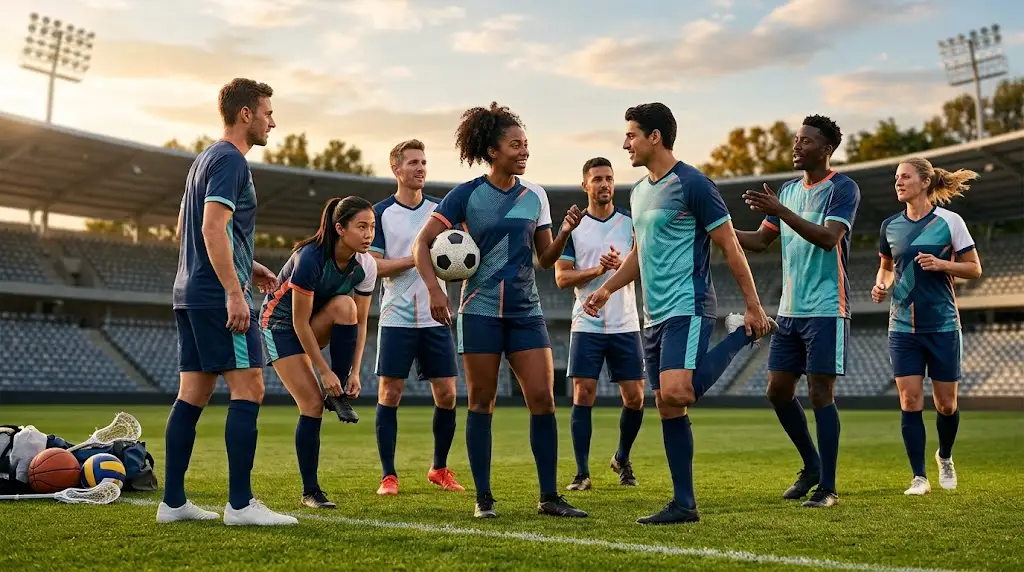 Athletes wearing coordinated custom sports uniforms during soccer training