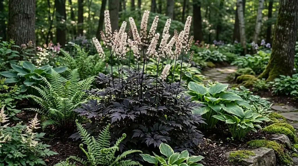 Hillside Black Beauty Bugbane with dark purple foliage and pale flowers in a shaded garden