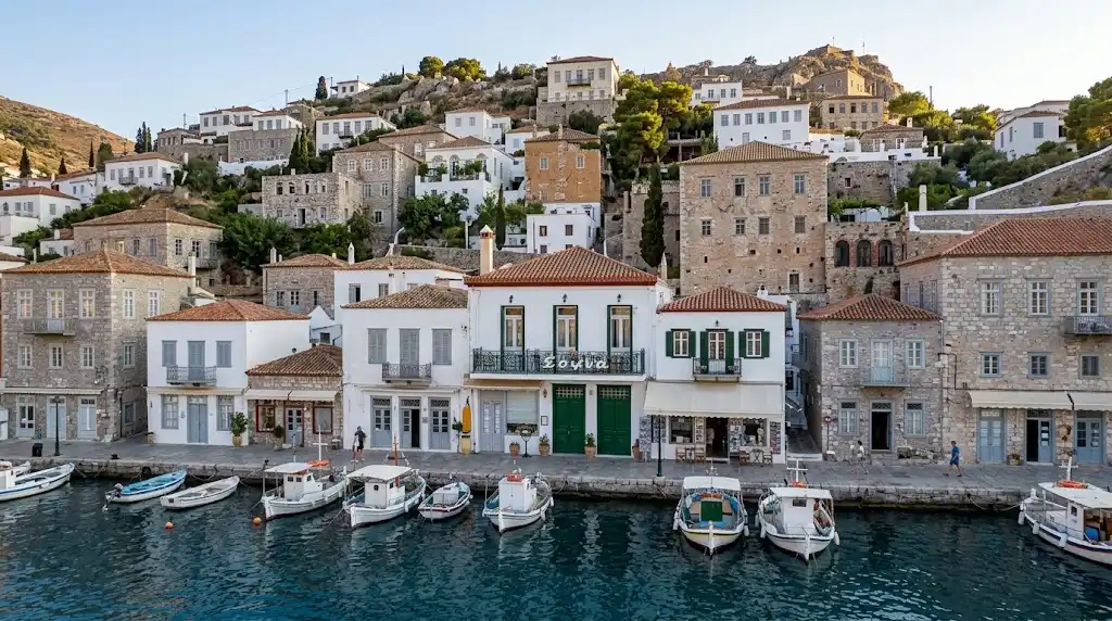 Hotel Sophia overlooking the historic waterfront harbor of Hydra, Greece