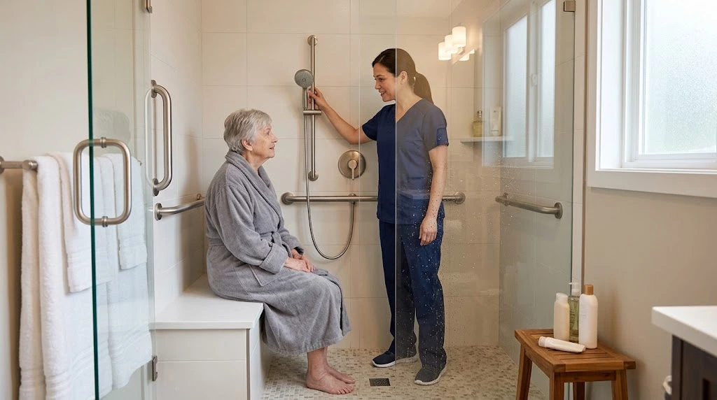 Caregiver assisting an older adult with bathing in an accessible home bathroom