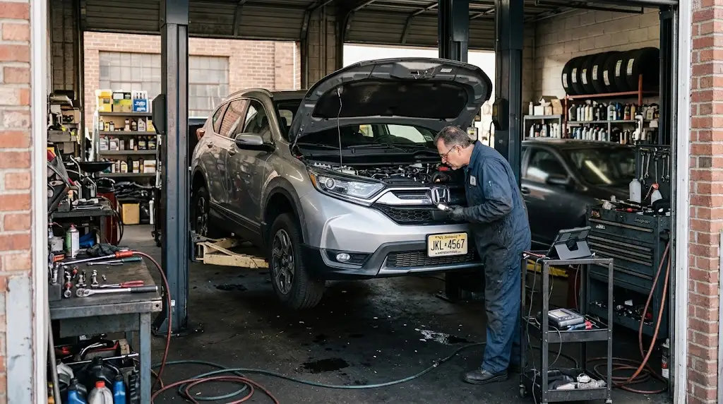 Mechanic inspecting a vehicle inside an independent North Bergen auto repair shop