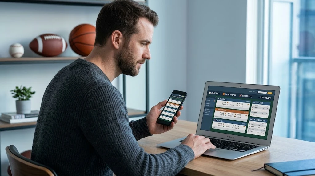 Adult user accessing a sports-betting platform on a smartphone and laptop