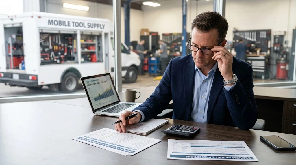 Business owner reviewing franchise financing documents and a startup budget for a mobile automotive tool business