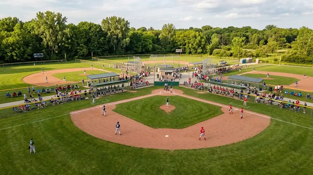 Youth baseball players competing at an outdoor sports complex in Menasha Wisconsin