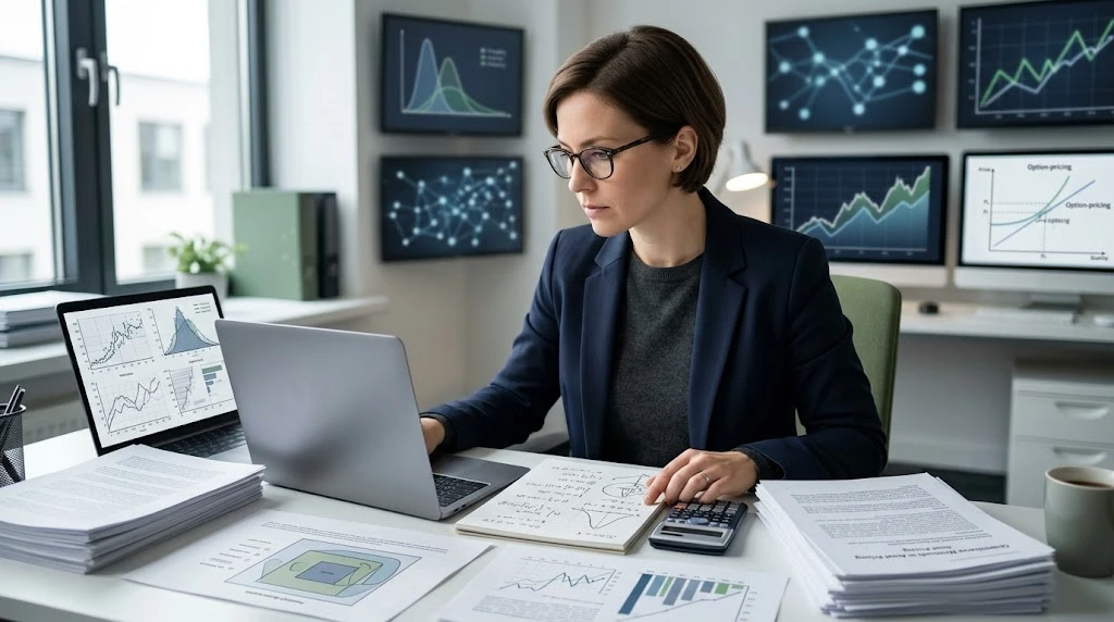 Financial researcher studying portfolio models and quantitative finance charts