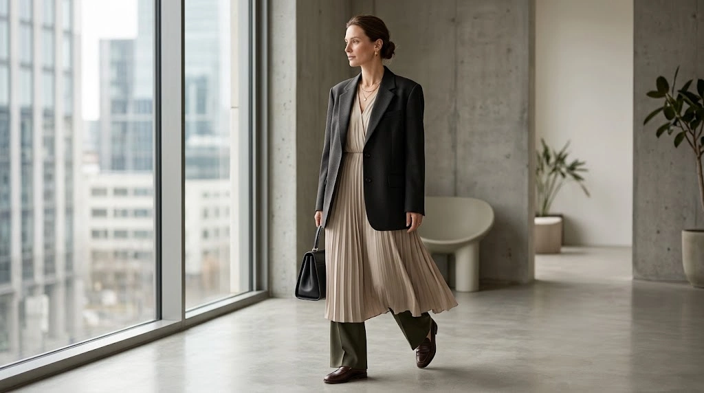 Woman wearing an elegant neutral-toned outfit with a tailored blazer and flowing silhouette in a fashion editorial setting