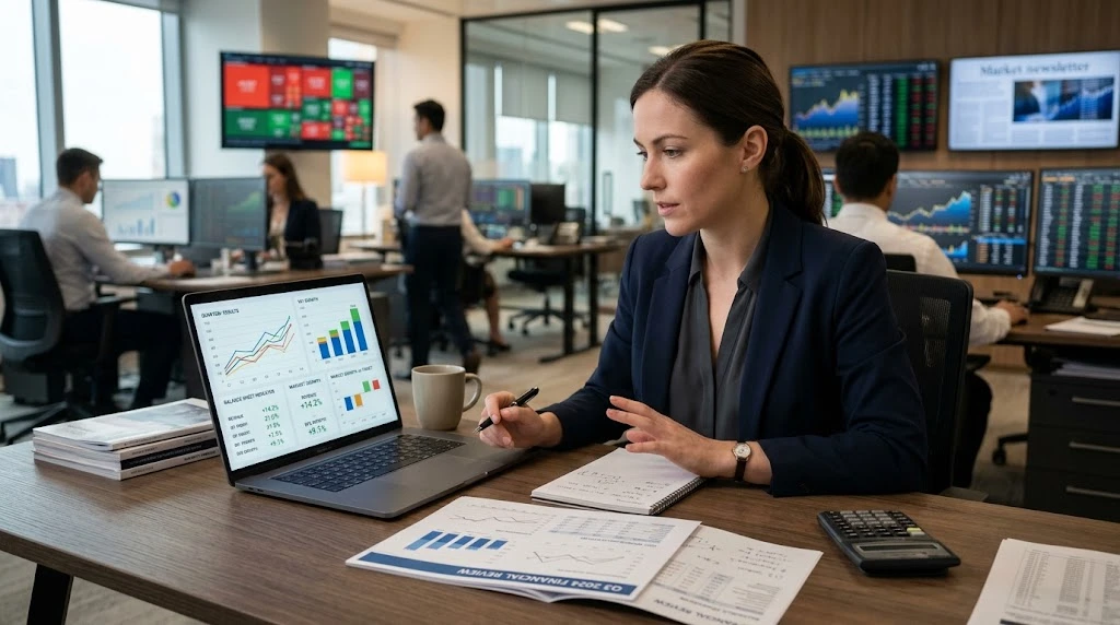Financial analyst reviewing a company's latest quarterly financial results