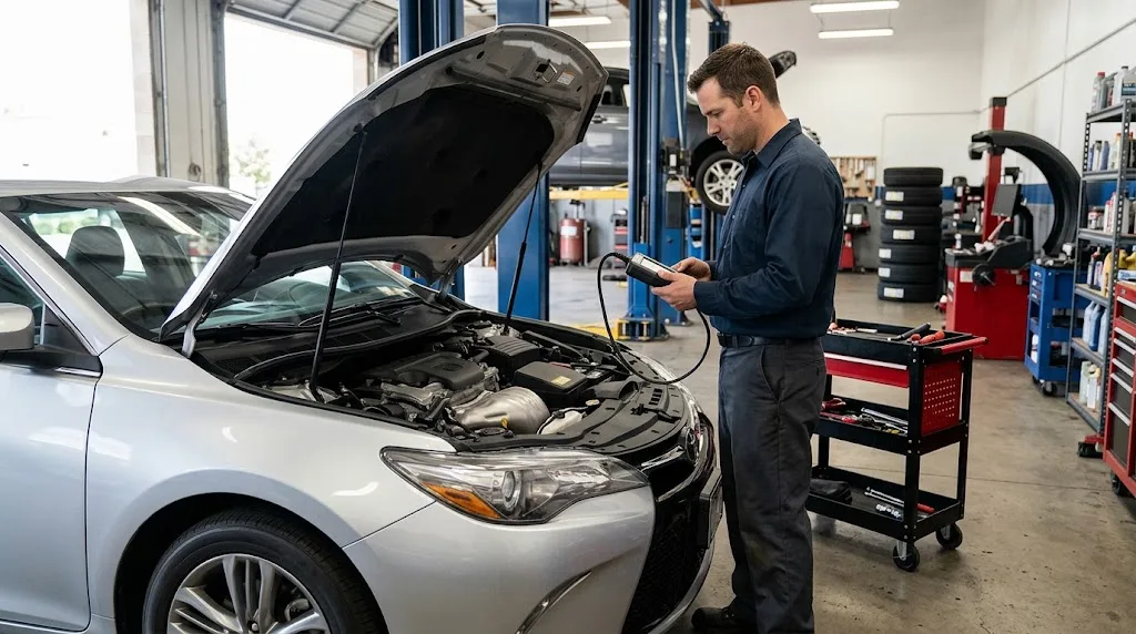 Technician inspecting a silver sedan with diagnostic equipment in an automotive workshop.