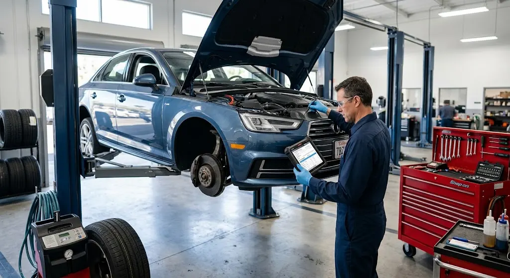 Technician performing a vehicle health inspection at an auto service shop