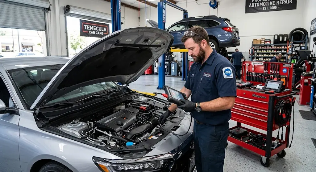 Automotive technician diagnosing a silver sedan in a professional repair workshop.