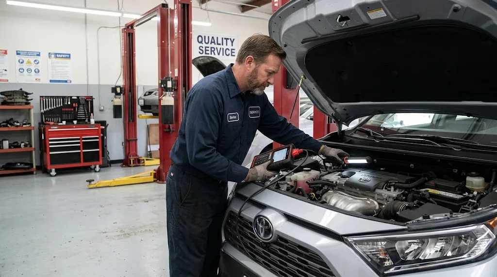 Automotive technician inspecting a silver vehicle in a professional repair workshop.