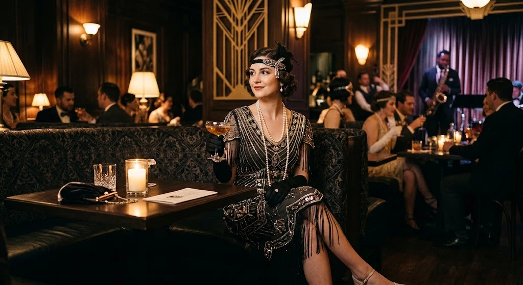 Speakeasy 1920 fashion inspired evening dress with Art Deco details