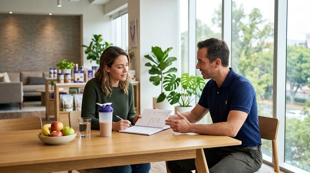 Adults discussing a wellness routine with nutrition products in a modern lifestyle center
