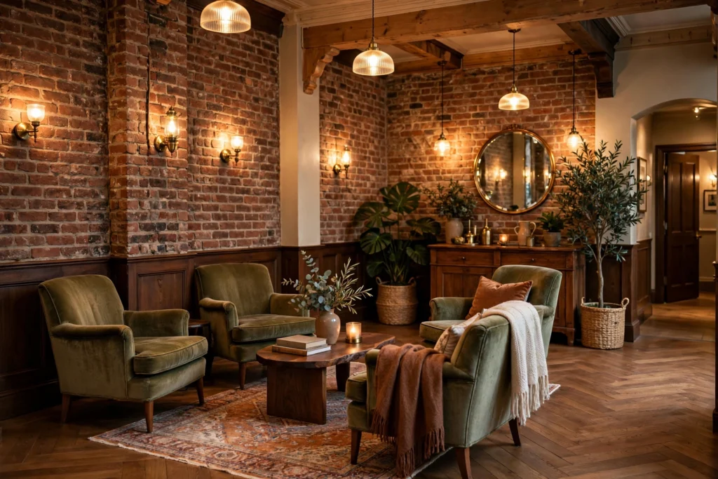 Charming boutique hotel lobby with vintage furniture, warm lighting and exposed brick walls