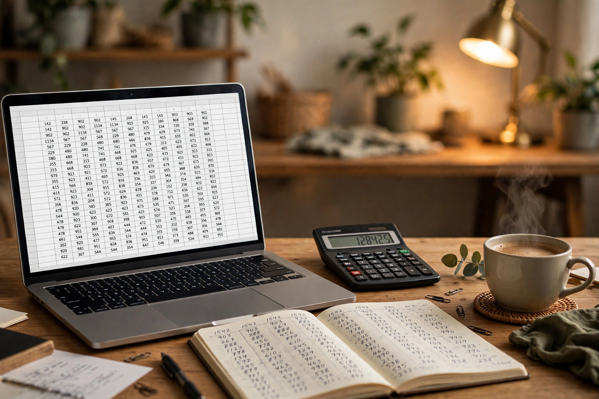 Freelancer calculating service pricing on laptop with calculator, notebook and coffee on desk