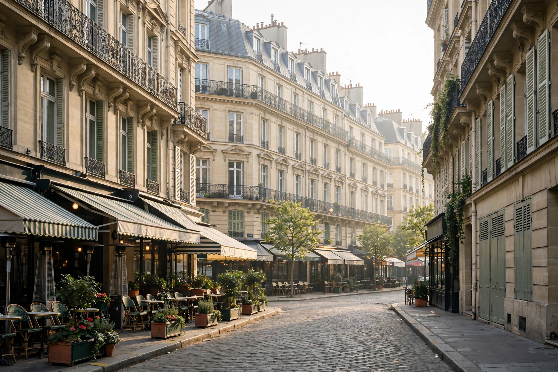 Charming Parisian street with Haussmann buildings, cafe terraces and morning light