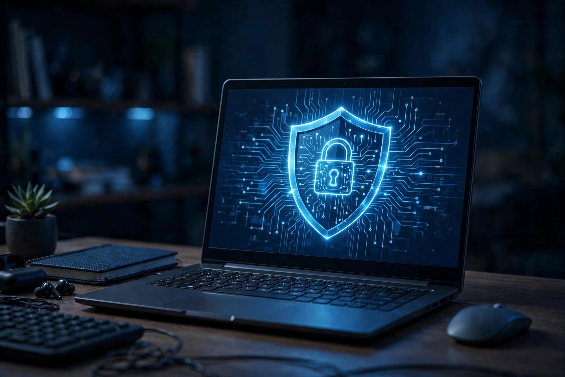 Laptop with shield icon representing VPN online privacy protection, digital security concept