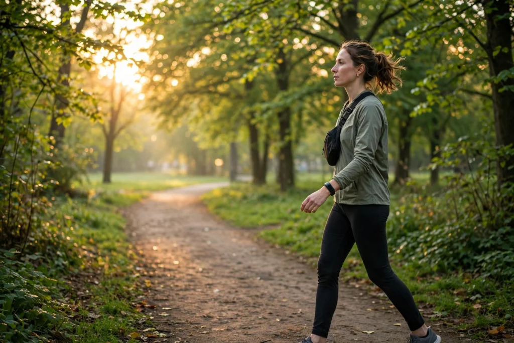 Person walking on a park path counting daily steps, fitness tracker on wrist, morning sunlight