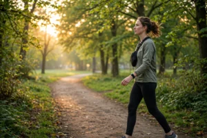 Person walking on a park path counting daily steps, fitness tracker on wrist, morning sunlight