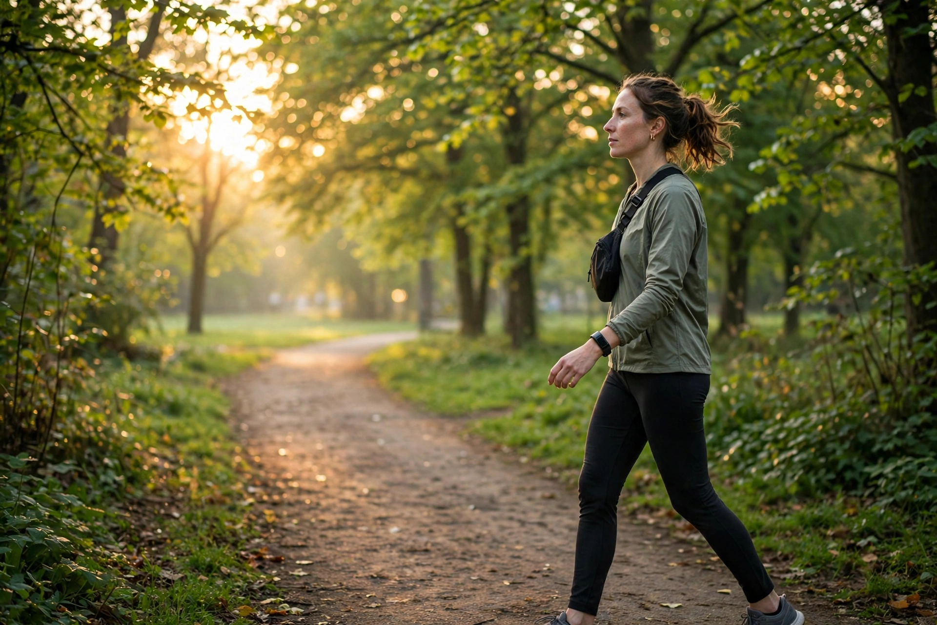 Person walking on a park path counting daily steps, fitness tracker on wrist, morning sunlight