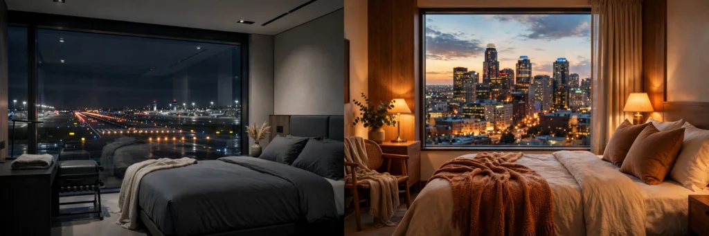 Split view of an airport hotel room with runway lights and a city hotel room with downtown skyline at dusk