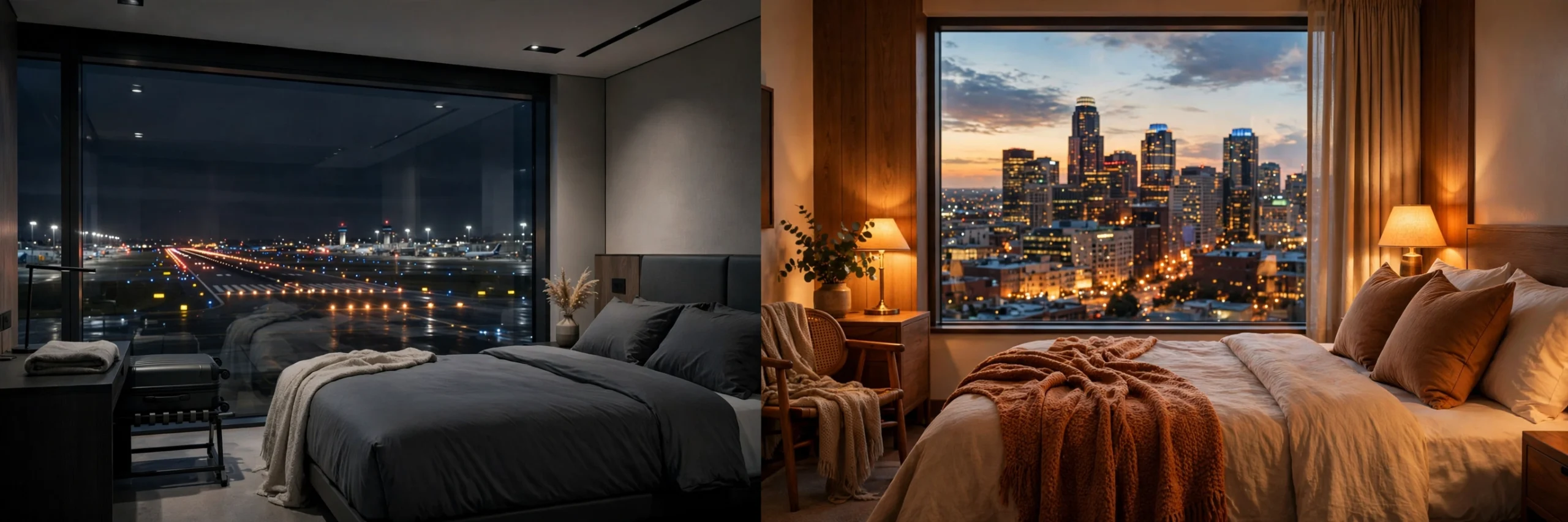 Split view of an airport hotel room with runway lights and a city hotel room with downtown skyline at dusk