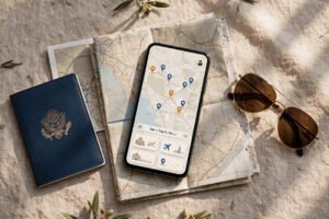 Smartphone with travel planning app on a map with passport and sunglasses
