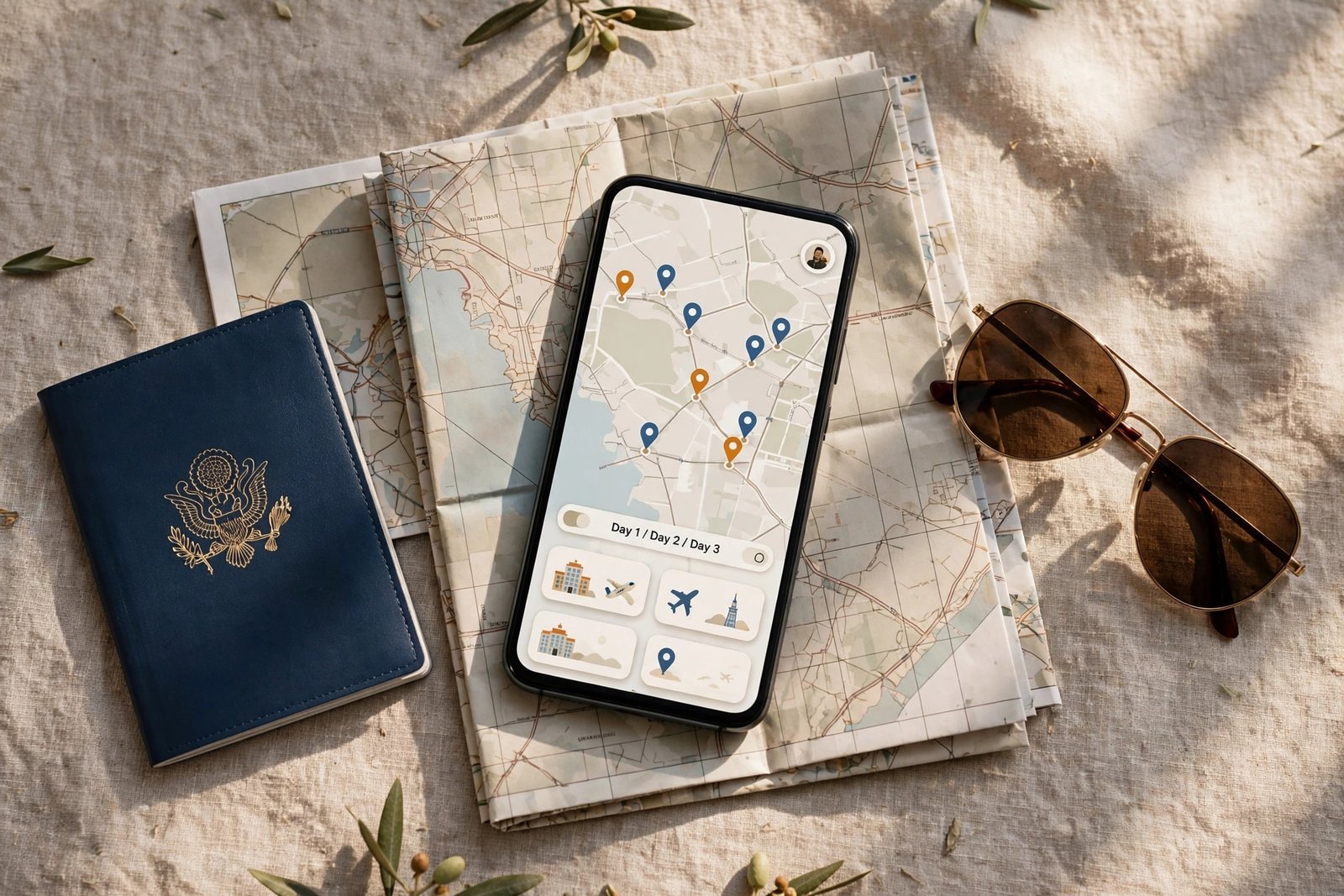 Smartphone with travel planning app on a map with passport and sunglasses