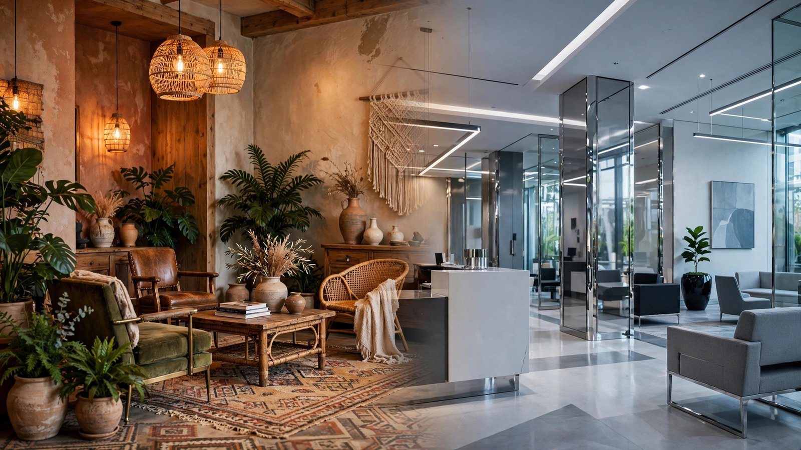 Boutique vs chain hotels compared in two hotel lobbies
