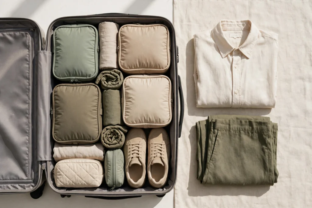 Organized carry-on suitcase with packing cubes and a week's worth of clothes packed efficiently