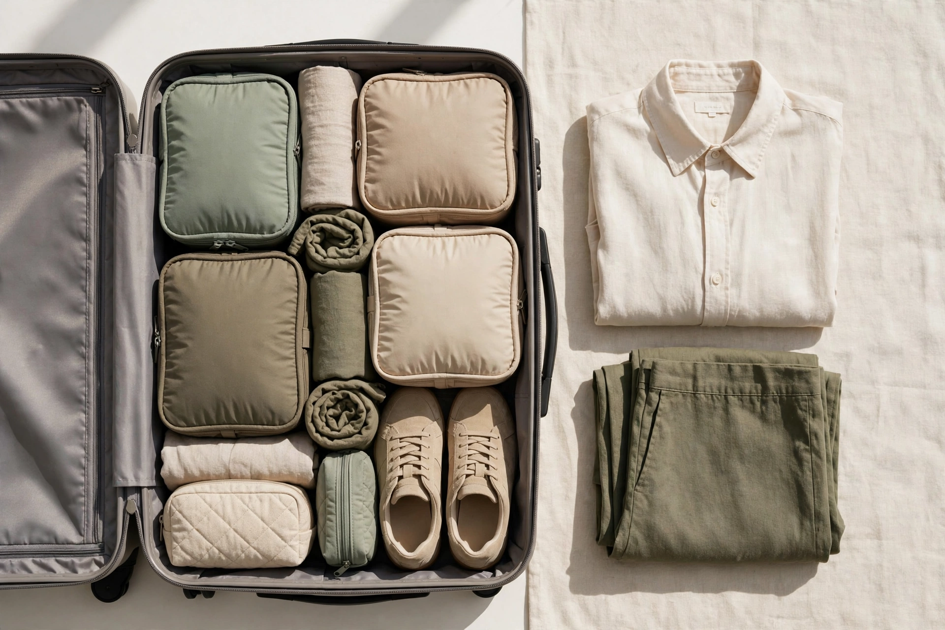 Organized carry-on suitcase with packing cubes and a week's worth of clothes packed efficiently
