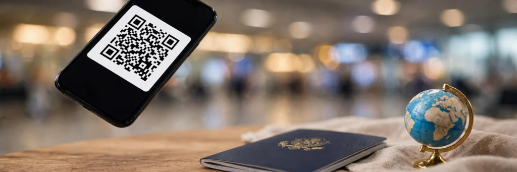 Smartphone displaying a QR code for eSIM activation with passport and globe at an airport