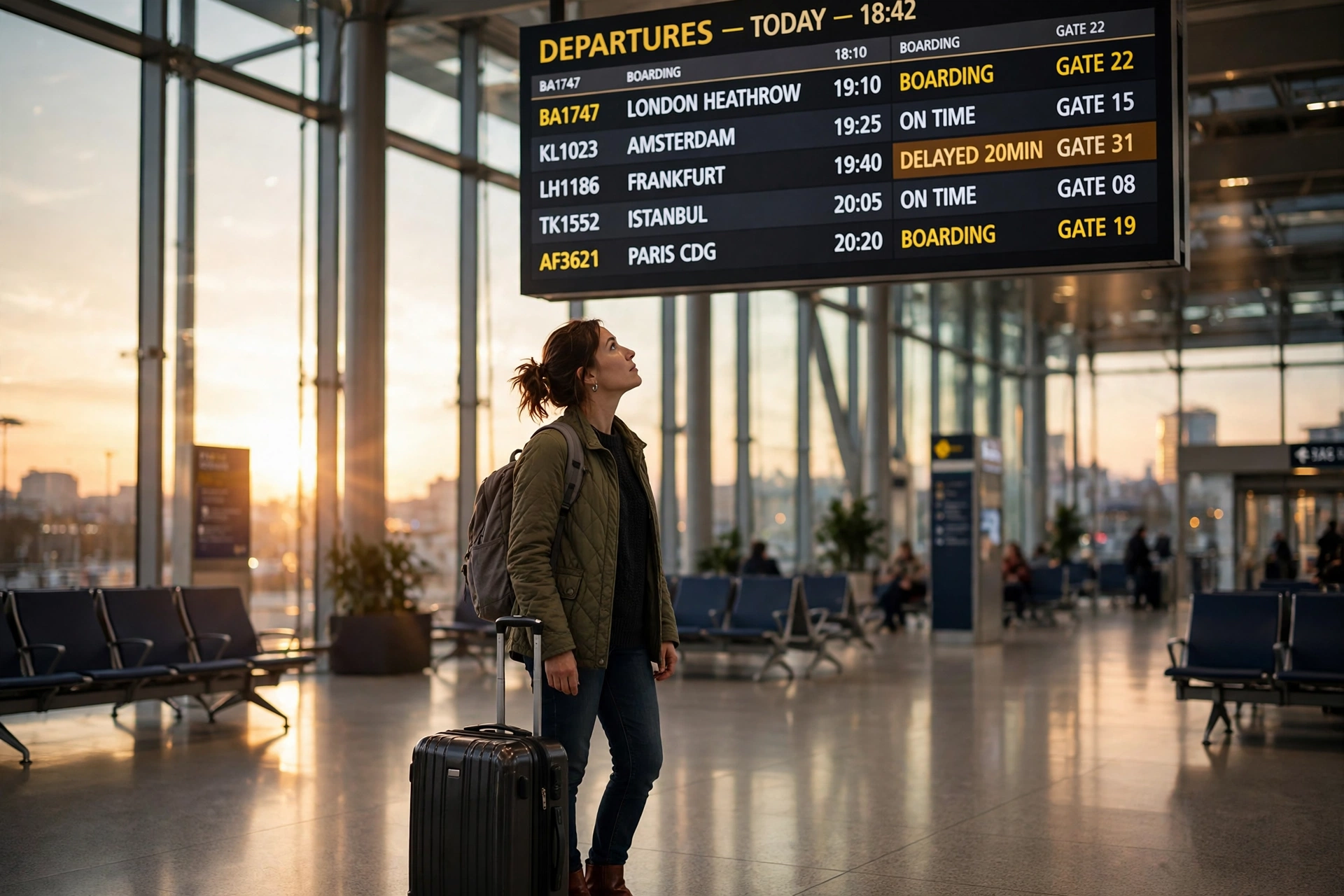 Traveler checking airport departure board with a delayed flight, evening light in the terminal