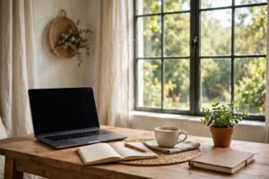 Bright home office desk with laptop and notebook, start a home-based online business
