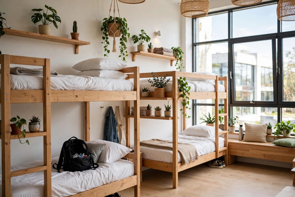 Bright modern hostel dorm room with bunk beds