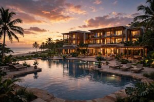 Luxury beachfront resort hotel with pool at dusk, hotel resort fee explained