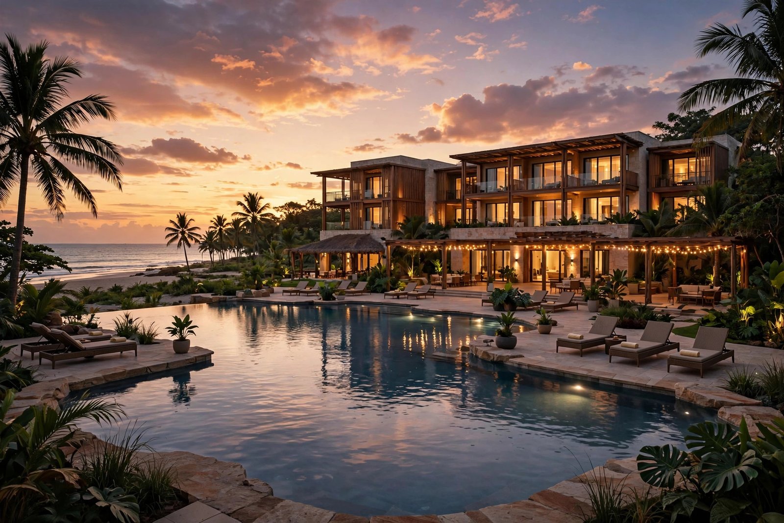 Luxury beachfront resort hotel with pool at dusk, hotel resort fee explained