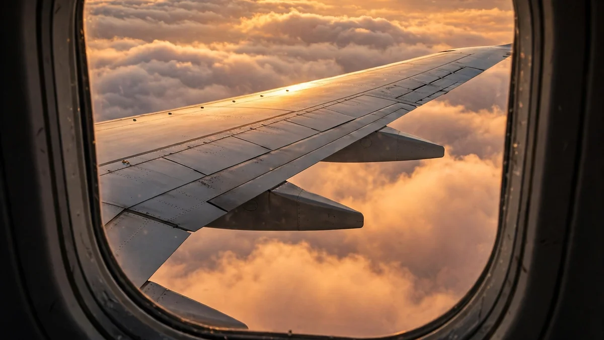 Airplane wing above clouds at sunset, illustrating how to find cheap flights