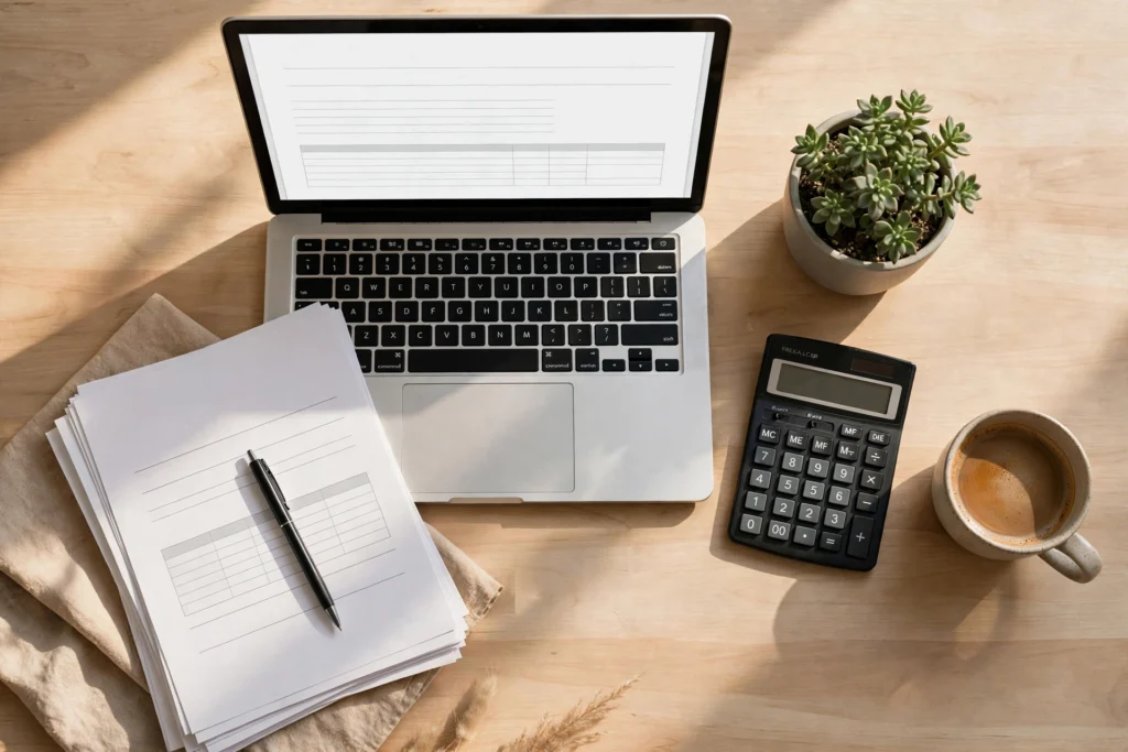 Freelancer desk with laptop showing an invoice, calculator and paperwork for getting paid faster