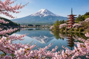 Mount Fuji with cherry blossoms and red pagoda, 10-day Japan itinerary for first-timers