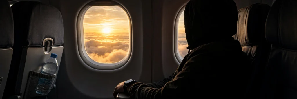 Traveler in airplane window seat watching sunrise above clouds during long-haul flight