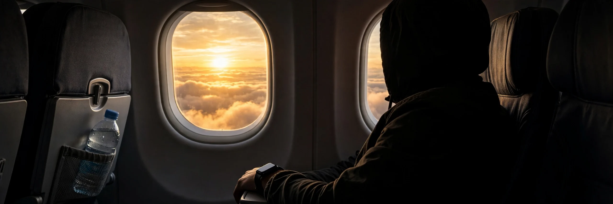 Traveler in airplane window seat watching sunrise above clouds during long-haul flight