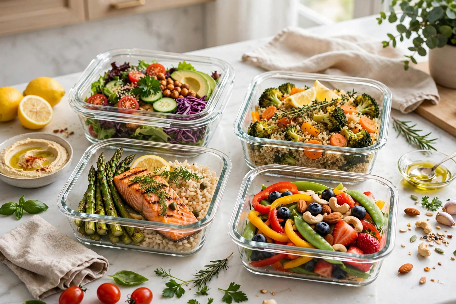 Glass meal prep containers with healthy food on kitchen counter