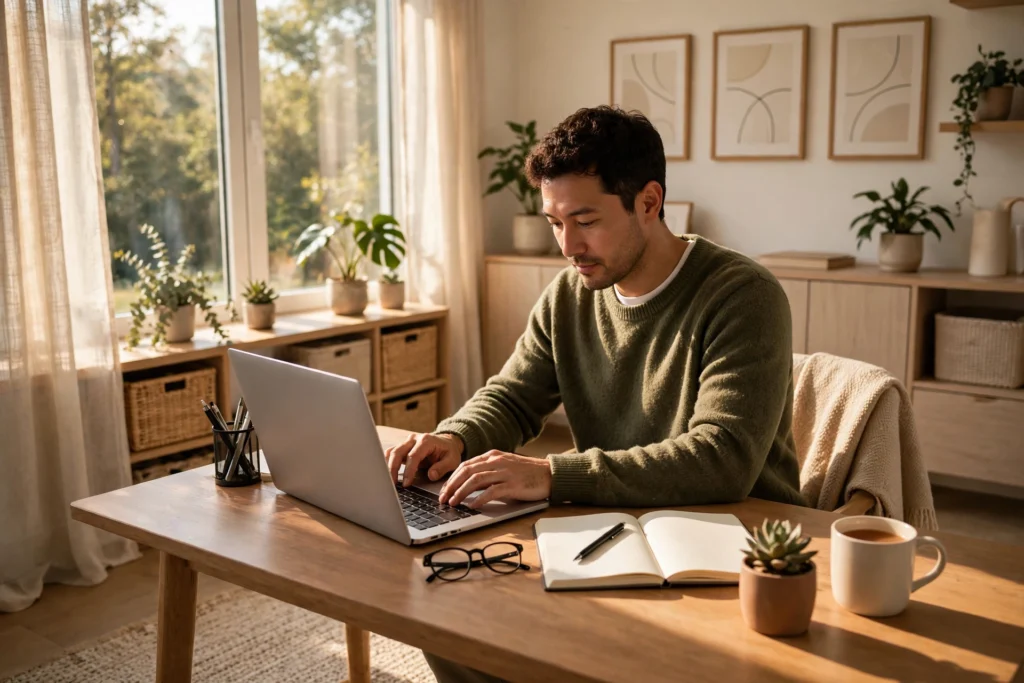 Small business owner using AI tools on a laptop in a bright home office to save time
