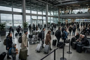 Travelers with luggage in a busy airport terminal staying alert to common travel scams